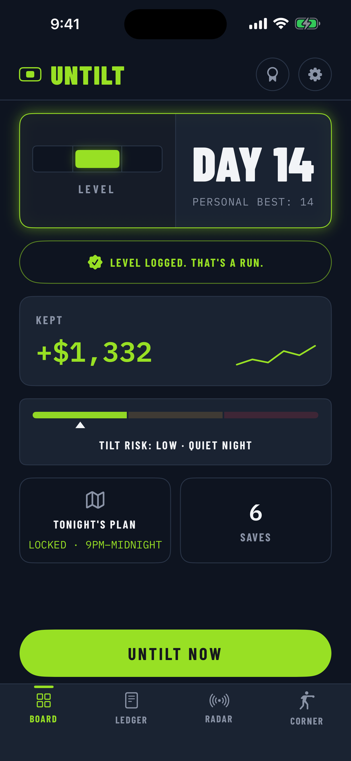 The Untilt board: Day 14, $1,332 kept, tilt risk low